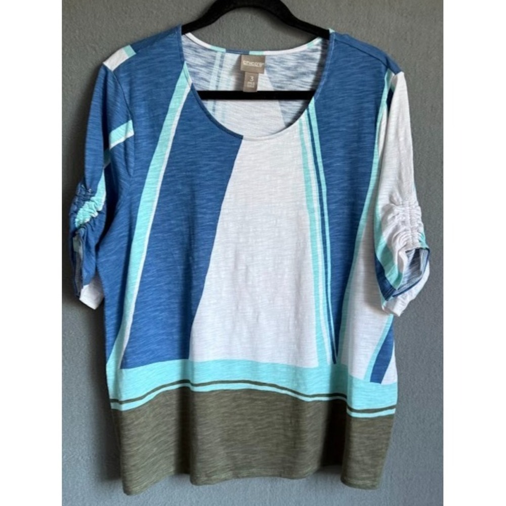 Chico's Top Women Size 3 US XL Multicolor Abstract Print Ruche Sleeve Scoop Neck